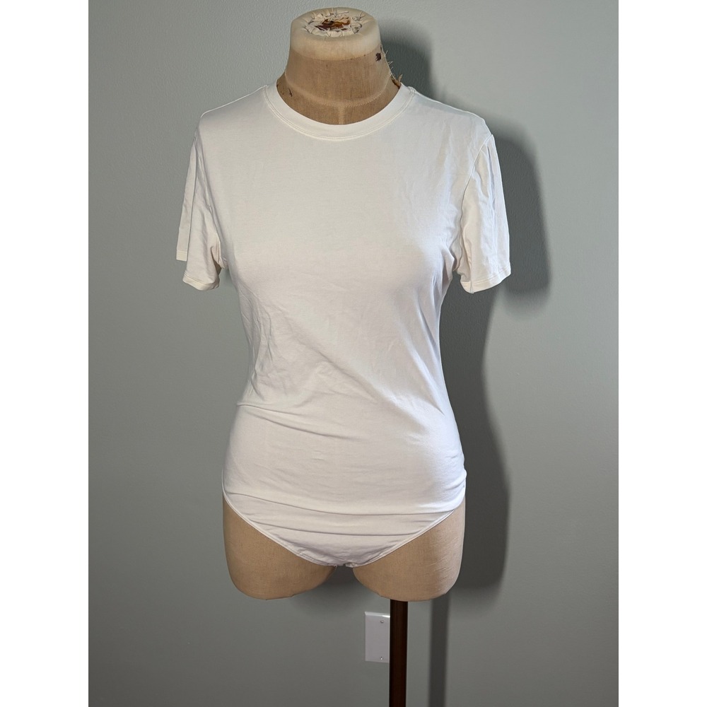 Womens Short Sleeve Crew Neck Thong Bodysuit Off White XL 15-17